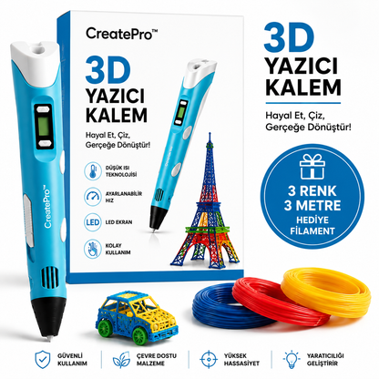CreatePro™ 3D Yazıcı Kalem + 3 Renk 3 Metre Filament Hediyeli